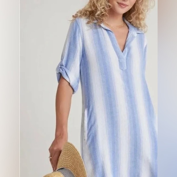 Bella Dahl Dresses & Skirts - Bella Dahl Women Dress Medium Blue White Stripe Popover Beach‎ Linen Rayon